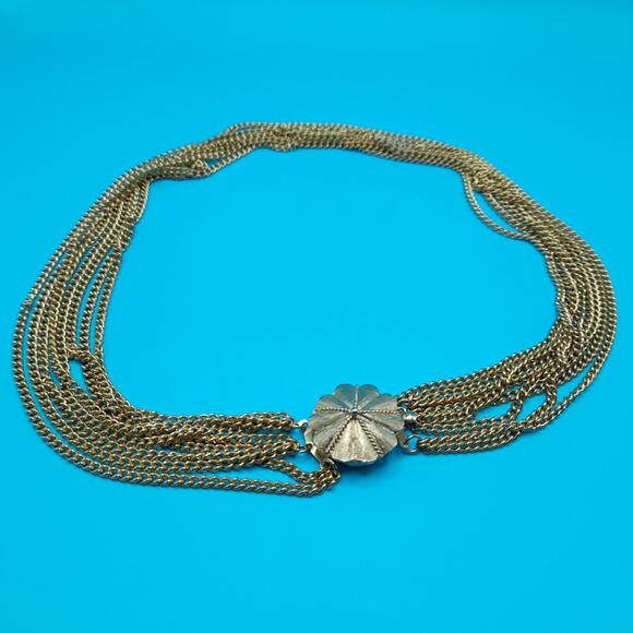 Vintage Japan Multi-Strand Gold Tone Necklace, Layered Chains, Floral Clasp, 19 - Picture 9 of 10